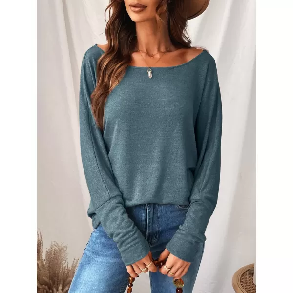 imageCUPSHE Women Long Sleeve Off The Shoulder Knitted Tops Casual Loose Fit Solid PulloverBlue