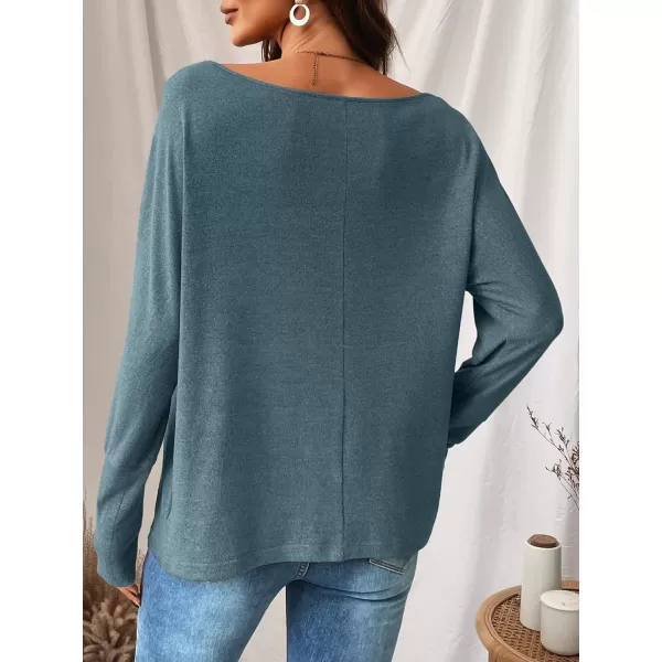imageCUPSHE Women Long Sleeve Off The Shoulder Knitted Tops Casual Loose Fit Solid PulloverBlue