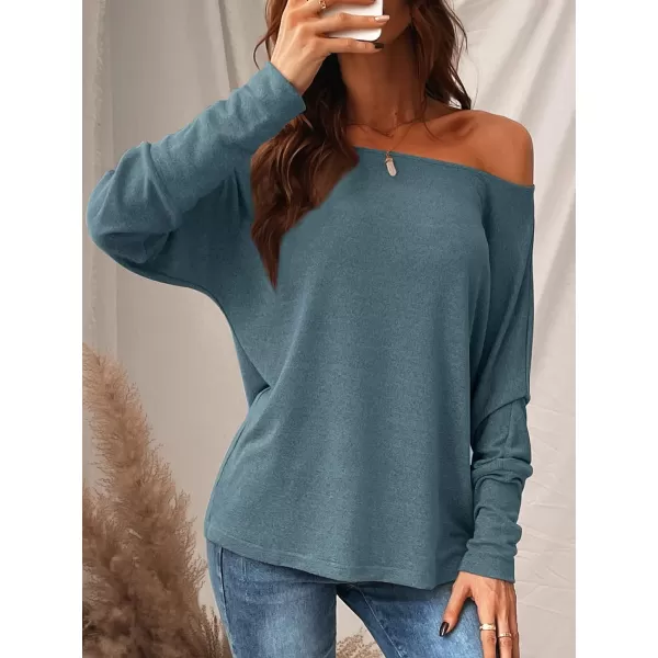imageCUPSHE Women Long Sleeve Off The Shoulder Knitted Tops Casual Loose Fit Solid PulloverBlue