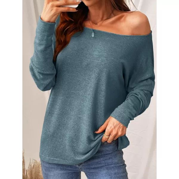 imageCUPSHE Women Long Sleeve Off The Shoulder Knitted Tops Casual Loose Fit Solid PulloverBlue