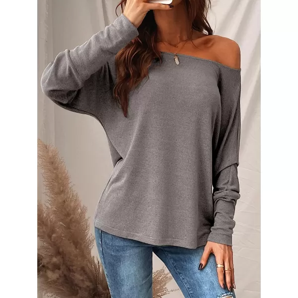imageCUPSHE Women Long Sleeve Off The Shoulder Knitted Tops Casual Loose Fit Solid PulloverGrey