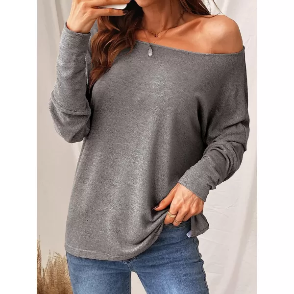 imageCUPSHE Women Long Sleeve Off The Shoulder Knitted Tops Casual Loose Fit Solid PulloverGrey