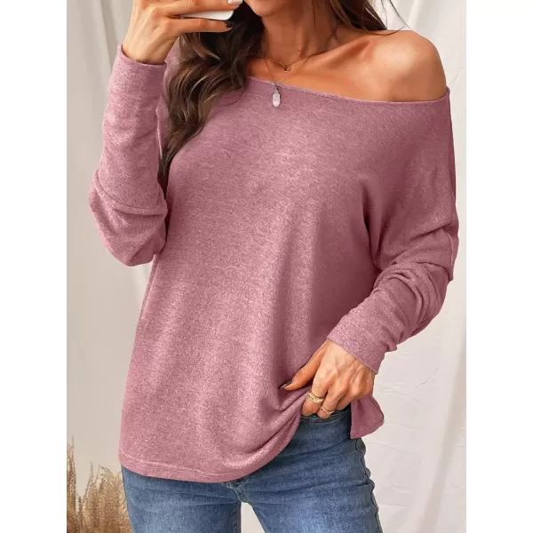imageCUPSHE Women Long Sleeve Off The Shoulder Knitted Tops Casual Loose Fit Solid PulloverPink
