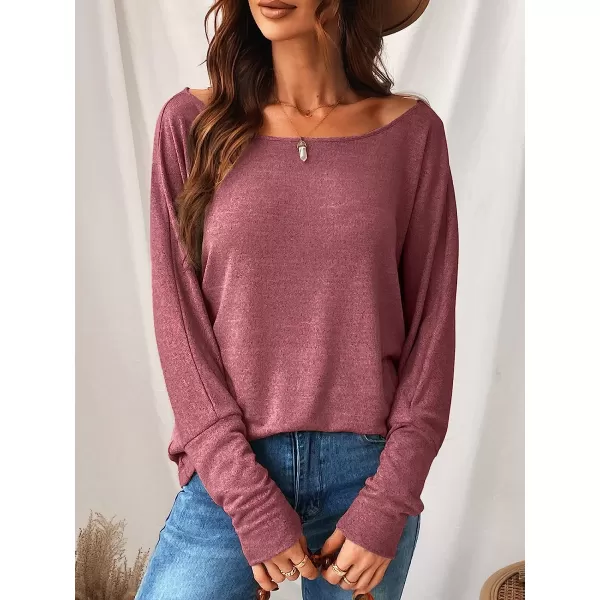 imageCUPSHE Women Long Sleeve Off The Shoulder Knitted Tops Casual Loose Fit Solid PulloverRose Red