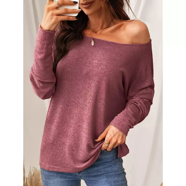 imageCUPSHE Women Long Sleeve Off The Shoulder Knitted Tops Casual Loose Fit Solid PulloverRose Red