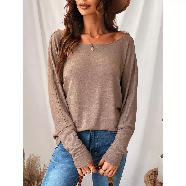 imageCUPSHE Women Long Sleeve Off The Shoulder Knitted Tops Casual Loose Fit Solid PulloverTaupe