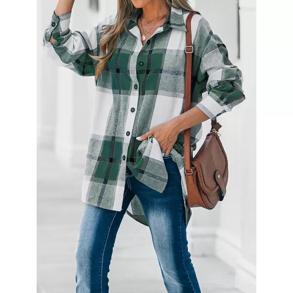 imageCUPSHE Women Long Sleeve Plaid Button Down Tops Casual V Neck Oversized Shirt BlouseGreen
