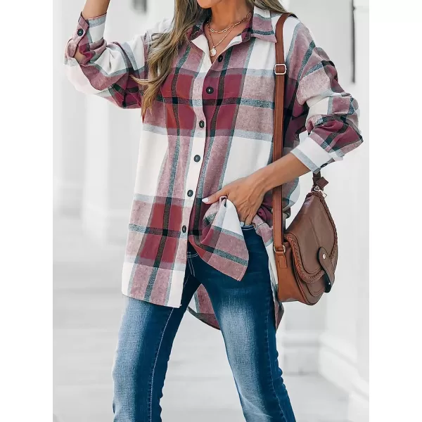 imageCUPSHE Women Long Sleeve Plaid Button Down Tops Casual V Neck Oversized Shirt BlouseRed