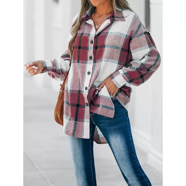 imageCUPSHE Women Long Sleeve Plaid Button Down Tops Casual V Neck Oversized Shirt BlouseRed