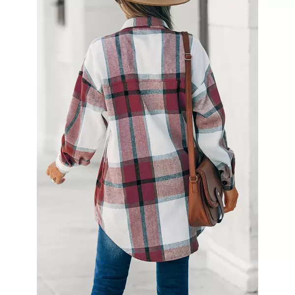 imageCUPSHE Women Long Sleeve Plaid Button Down Tops Casual V Neck Oversized Shirt BlouseRed