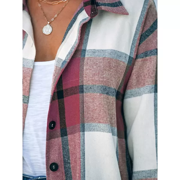 imageCUPSHE Women Long Sleeve Plaid Button Down Tops Casual V Neck Oversized Shirt BlouseRed
