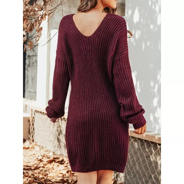 imageCUPSHE Women Long Sleeves VNeck Sweater Dress Solid Relaxed Fit Mid Length DressesWine Red