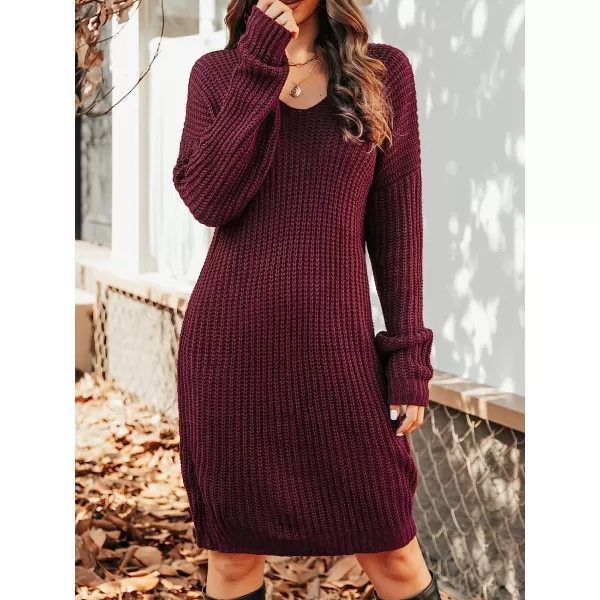 imageCUPSHE Women Long Sleeves VNeck Sweater Dress Solid Relaxed Fit Mid Length DressesWine Red