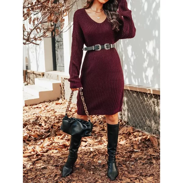 imageCUPSHE Women Long Sleeves VNeck Sweater Dress Solid Relaxed Fit Mid Length DressesWine Red