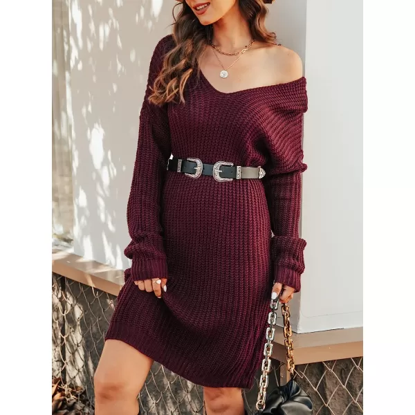 imageCUPSHE Women Long Sleeves VNeck Sweater Dress Solid Relaxed Fit Mid Length DressesWine Red