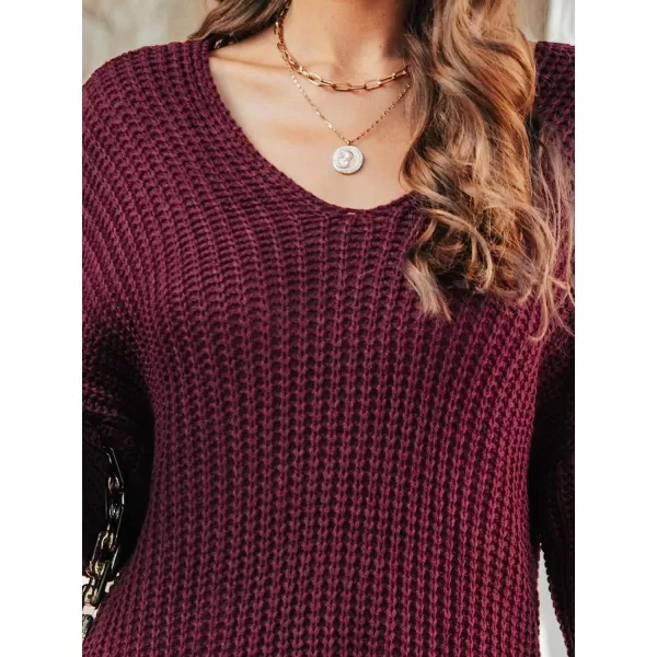 imageCUPSHE Women Long Sleeves VNeck Sweater Dress Solid Relaxed Fit Mid Length DressesWine Red