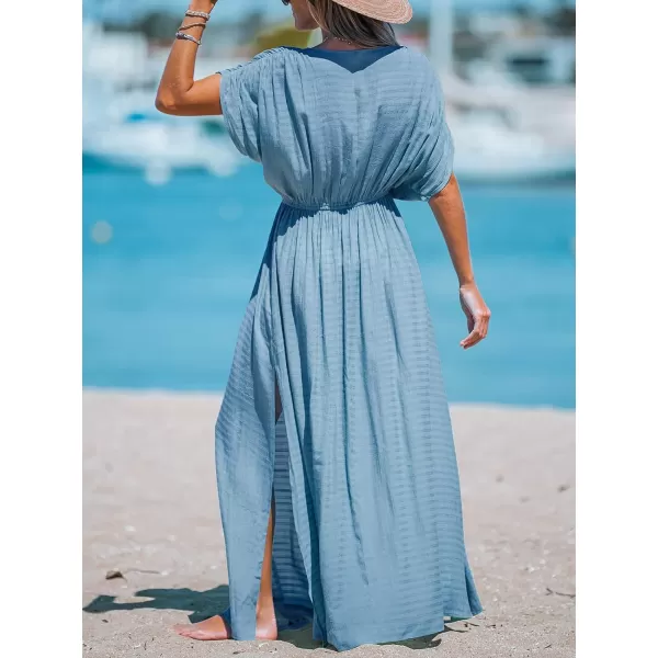 imageCUPSHE Women Loose Fit Cover Ups Wrap VNeck Ruched Maxi Dress Summer Short Sleeve Side Slit Beach Coverup DressesBlue