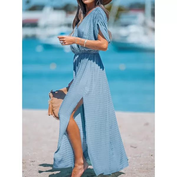 imageCUPSHE Women Loose Fit Cover Ups Wrap VNeck Ruched Maxi Dress Summer Short Sleeve Side Slit Beach Coverup DressesBlue