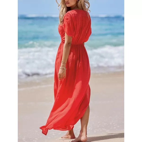 imageCUPSHE Women Loose Fit Cover Ups Wrap VNeck Ruched Maxi Dress Summer Short Sleeve Side Slit Beach Coverup DressesRed