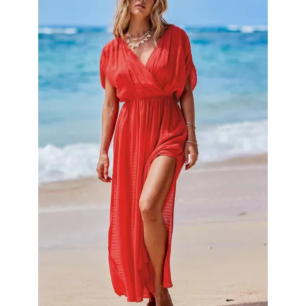 imageCUPSHE Women Loose Fit Cover Ups Wrap VNeck Ruched Maxi Dress Summer Short Sleeve Side Slit Beach Coverup DressesRed