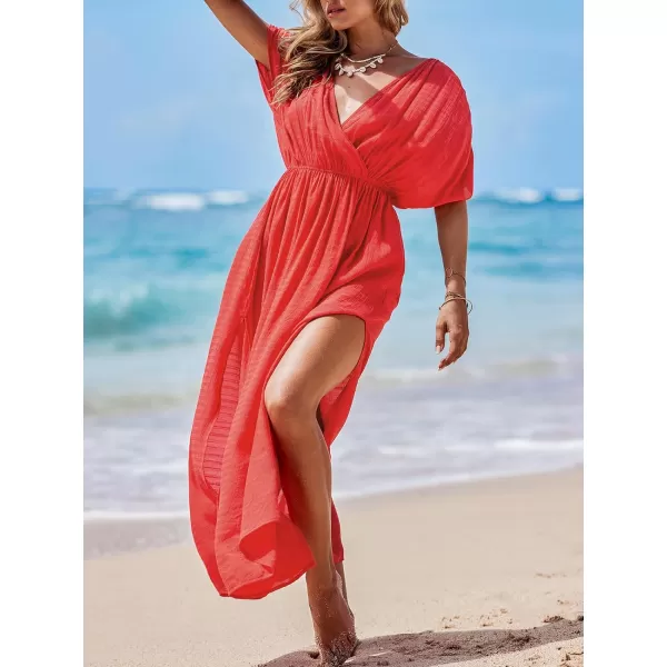 imageCUPSHE Women Loose Fit Cover Ups Wrap VNeck Ruched Maxi Dress Summer Short Sleeve Side Slit Beach Coverup DressesRed