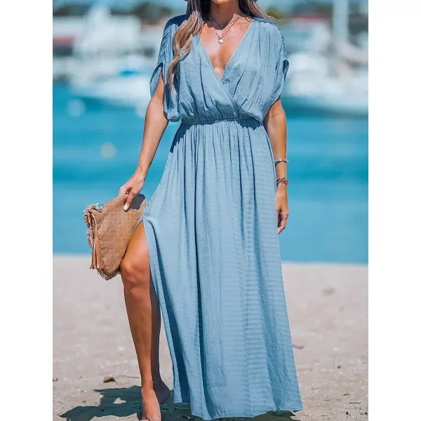 imageCUPSHE Women Loose Fit Wrap VNeck Ruched Maxi Dress Summer Short Sleeve Side Slit Beach DressesBlue