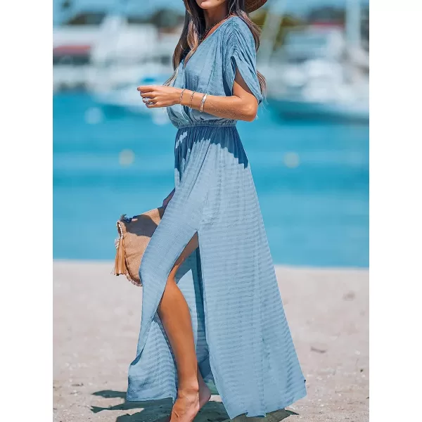 imageCUPSHE Women Loose Fit Wrap VNeck Ruched Maxi Dress Summer Short Sleeve Side Slit Beach DressesBlue