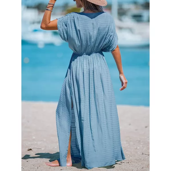 imageCUPSHE Women Loose Fit Wrap VNeck Ruched Maxi Dress Summer Short Sleeve Side Slit Beach DressesBlue