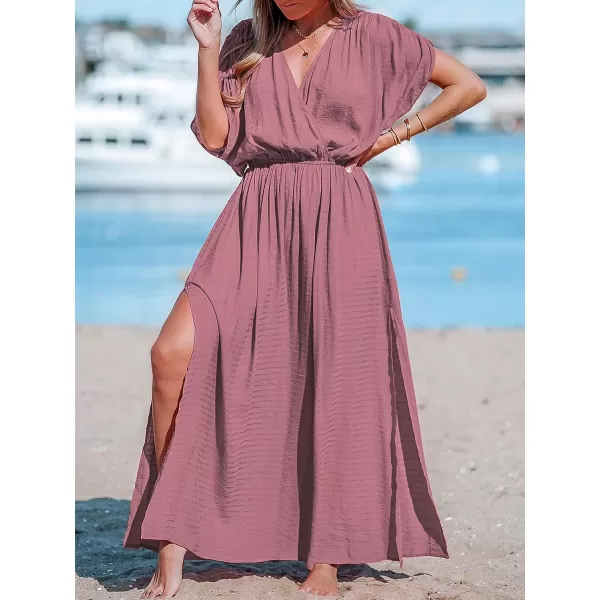 imageCUPSHE Women Loose Fit Wrap VNeck Ruched Maxi Dress Summer Short Sleeve Side Slit Beach DressesBrick