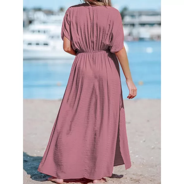 imageCUPSHE Women Loose Fit Wrap VNeck Ruched Maxi Dress Summer Short Sleeve Side Slit Beach DressesBrick
