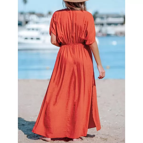 imageCUPSHE Women Loose Fit Wrap VNeck Ruched Maxi Dress Summer Short Sleeve Side Slit Beach DressesDeep Coral Red