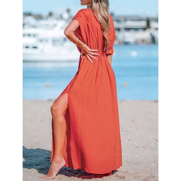 imageCUPSHE Women Loose Fit Wrap VNeck Ruched Maxi Dress Summer Short Sleeve Side Slit Beach DressesDeep Coral Red