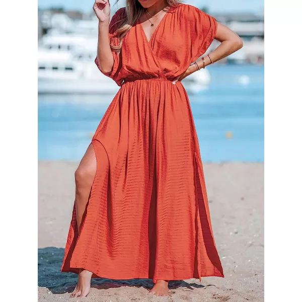 imageCUPSHE Women Loose Fit Wrap VNeck Ruched Maxi Dress Summer Short Sleeve Side Slit Beach DressesDeep Coral Red