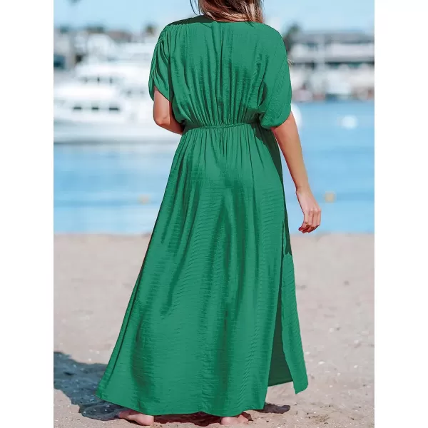 imageCUPSHE Women Loose Fit Wrap VNeck Ruched Maxi Dress Summer Short Sleeve Side Slit Beach DressesGreen