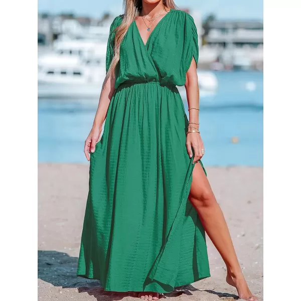 imageCUPSHE Women Loose Fit Wrap VNeck Ruched Maxi Dress Summer Short Sleeve Side Slit Beach DressesGreen