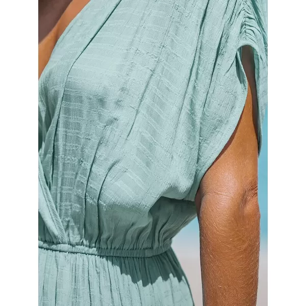 imageCUPSHE Women Loose Fit Wrap VNeck Ruched Maxi Dress Summer Short Sleeve Side Slit Beach DressesMint