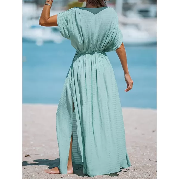 imageCUPSHE Women Loose Fit Wrap VNeck Ruched Maxi Dress Summer Short Sleeve Side Slit Beach DressesMint