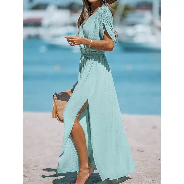 imageCUPSHE Women Loose Fit Wrap VNeck Ruched Maxi Dress Summer Short Sleeve Side Slit Beach DressesMint