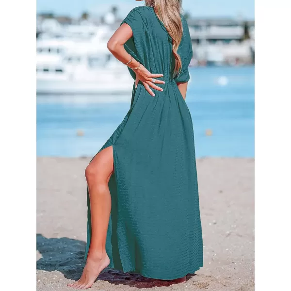 imageCUPSHE Women Loose Fit Wrap VNeck Ruched Maxi Dress Summer Short Sleeve Side Slit Beach DressesTurquoise