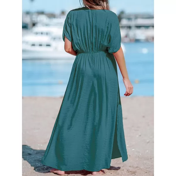 imageCUPSHE Women Loose Fit Wrap VNeck Ruched Maxi Dress Summer Short Sleeve Side Slit Beach DressesTurquoise