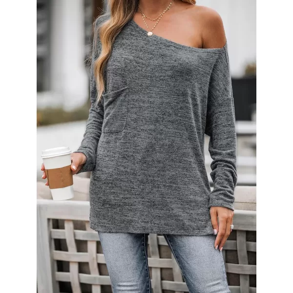 imageCUPSHE Women Marled Knit Patch Pocket Tee Blouse Top Long SleeveGrey
