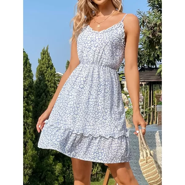 imageCUPSHE Women Midi Chiffon Dress Adjustable Spaghetti Strap Scoop Neck Ruffle Edge Ruched Backless Elastic Waist Ditsy PrintBlue