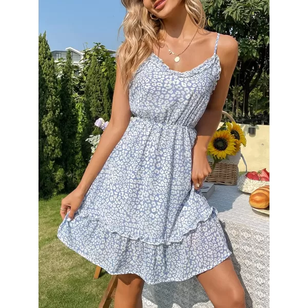 imageCUPSHE Women Midi Chiffon Dress Adjustable Spaghetti Strap Scoop Neck Ruffle Edge Ruched Backless Elastic Waist Ditsy PrintBlue