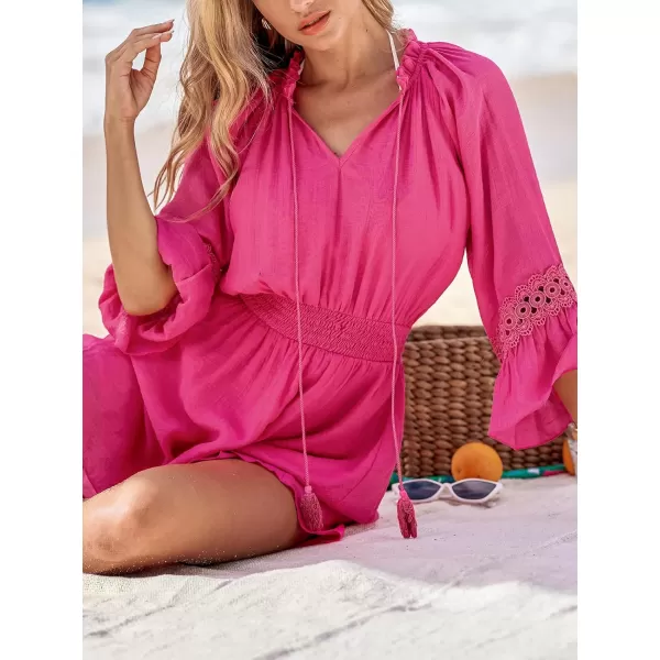 imageCUPSHE Women Mini Dress Lace Ruffled V Neck Drawstring 34 Flared Sleeve Smocked Tassel A Line Mini Summer DressesHot Pink