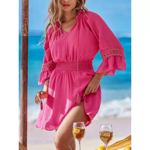 imageCUPSHE Women Mini Dress Lace Ruffled V Neck Drawstring 34 Flared Sleeve Smocked Tassel A Line Mini Summer DressesHot Pink