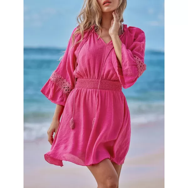 imageCUPSHE Women Mini Dress Lace Ruffled V Neck Drawstring 34 Flared Sleeve Smocked Tassel A Line Mini Summer DressesHot Pink