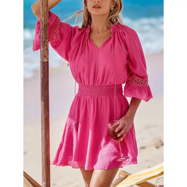 imageCUPSHE Women Mini Dress Lace Ruffled V Neck Drawstring 34 Flared Sleeve Smocked Tassel A Line Mini Summer DressesHot Pink