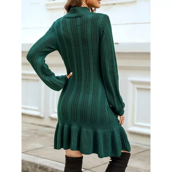 imageCUPSHE Women Mock Neck Sweater Dress Winter Long Sleeves Solid Dating Mini Dresses with Flounce HemGreen