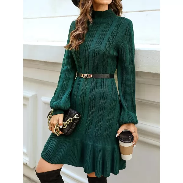 imageCUPSHE Women Mock Neck Sweater Dress Winter Long Sleeves Solid Dating Mini Dresses with Flounce HemGreen