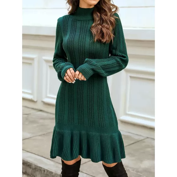 imageCUPSHE Women Mock Neck Sweater Dress Winter Long Sleeves Solid Dating Mini Dresses with Flounce HemGreen